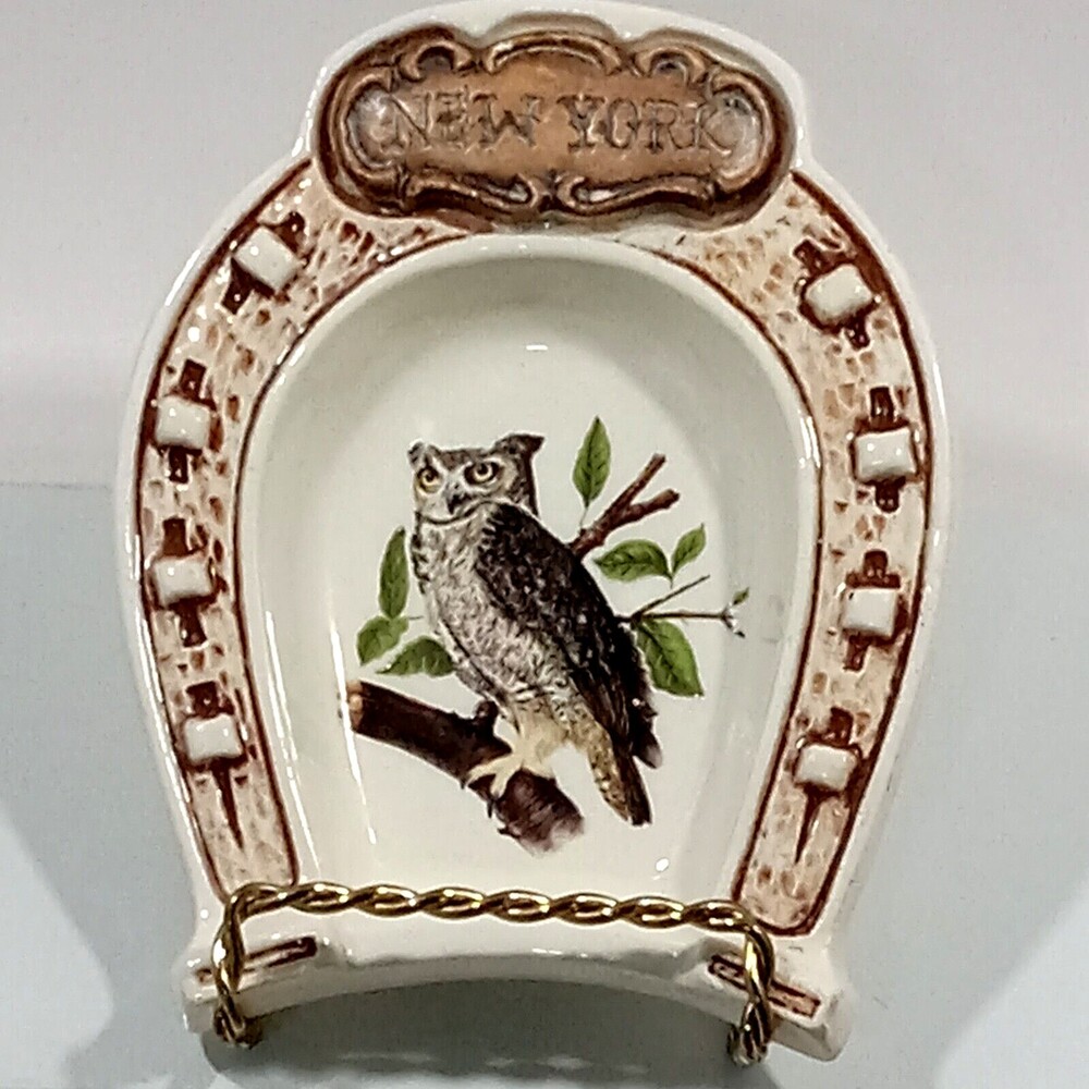 Treasure Craft NEW YORK OWL Souvenir Horseshoe Trinket Dish Plaque Brown USA 5.5